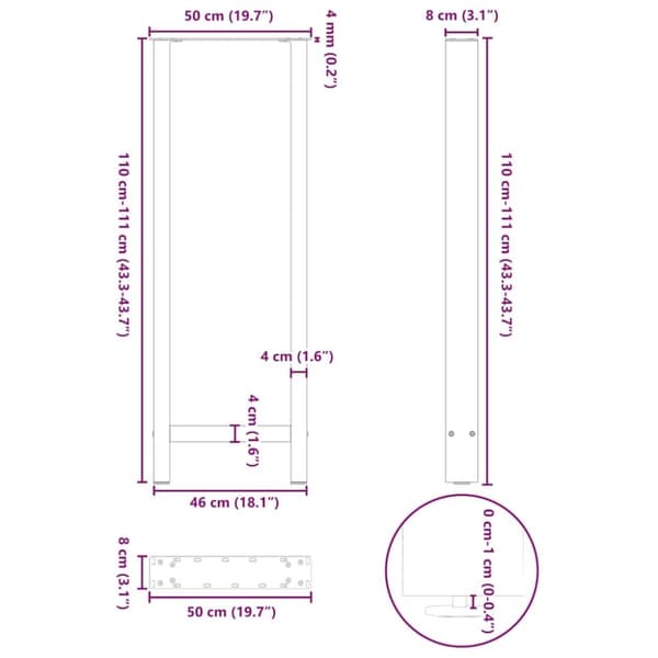 vidaXL Barbordben naturstål 2 stk 50x(110-111) cm stål