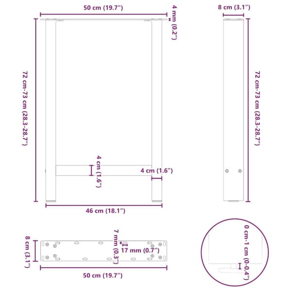vidaXL Spisebordben naturstål 2 stk 50x(72-73) cm stål