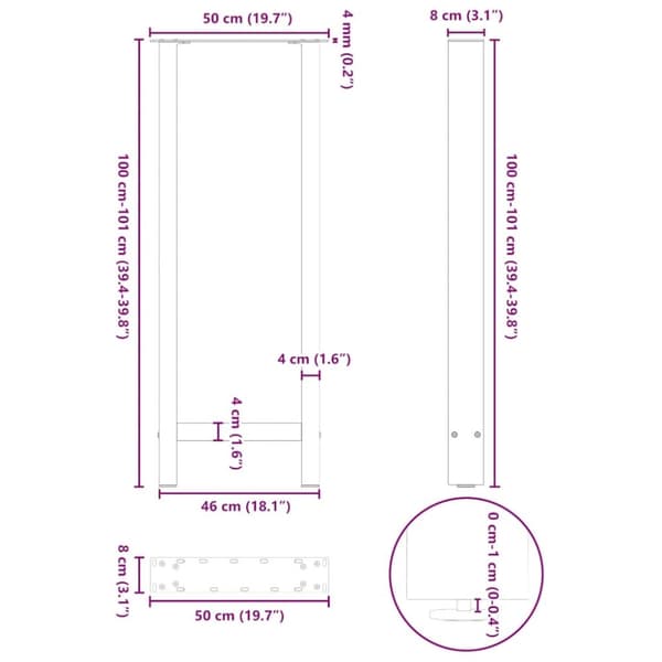 vidaXL Barbordben naturstål 2 stk 50x(100-101) cm stål