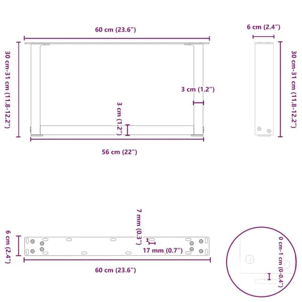 vidaXL sofabordben U-formet 2 stk. naturstål 60x(30-31) cm stål