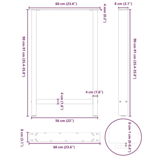 vidaXL sofabordben naturstål 2 stk. 60x(90-91) cm stål