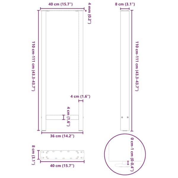 vidaXL sofabordben 2 stk. 40x(110-111) cm stål antracitgrå