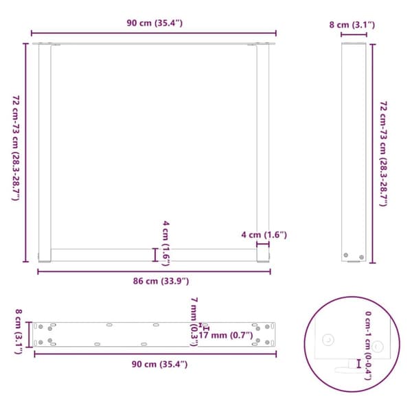 vidaXL Spisebordsben U-formet 2 stk. naturstål 90x(72-73) cm stål