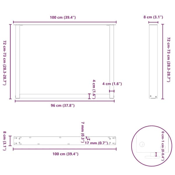 vidaXL Ruokapöydän jalat U-muoto 3 kpl Luonnonteräs 100x(72-73) cm