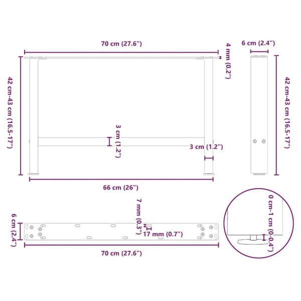 vidaXL Soffbordsben naturstål 2 st 70x(42-43) cm stål
