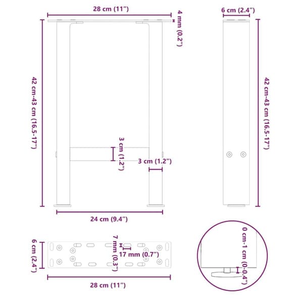 vidaXL Salongbordben naturstål 2 stk 28 x (42-43) cm stål
