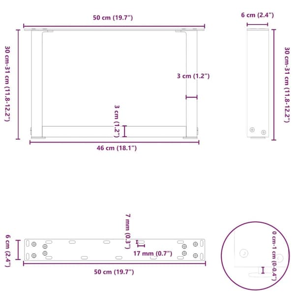 vidaXL Soffbordsben U-formade 2 st antracit 50x(30-31) cm stål