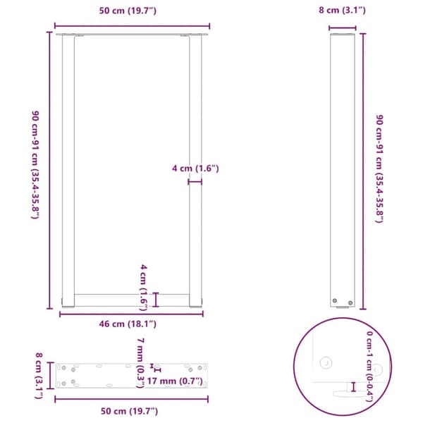 vidaXL Soffbordsben U-formade 2 st naturstål 50x(90-91) cm stål