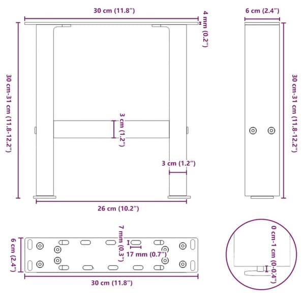 vidaXL Soffbordsben naturligt stål 2 st 30x(30-31) cm stål