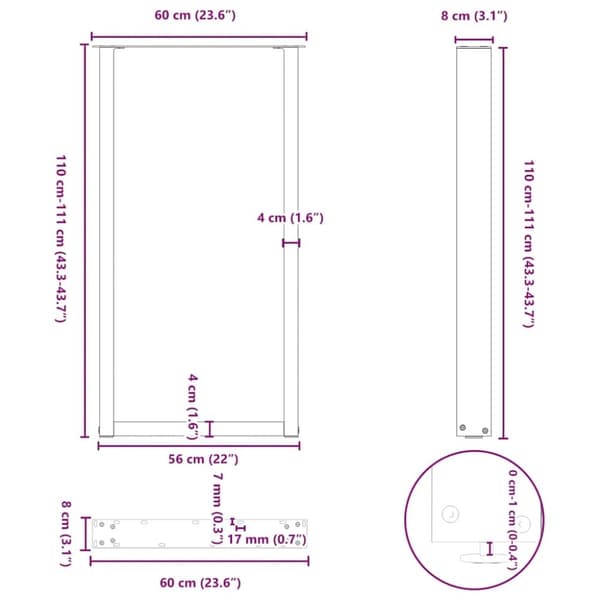 vidaXL Barbordben U-formet 2 stk naturstål 60 x (110-111) cm stål
