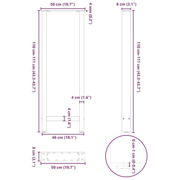 vidaXL Soffbordsben svart 2 st 50x(110-111) cm stål