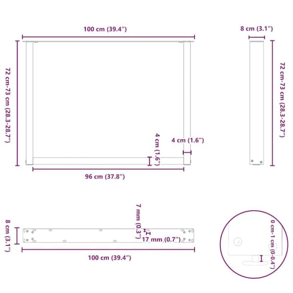 vidaXL Ruokapöydän jalat U-muotoiset 2 kpl Luonnonvärinen teräs 100x(72-73) cm Teräs
