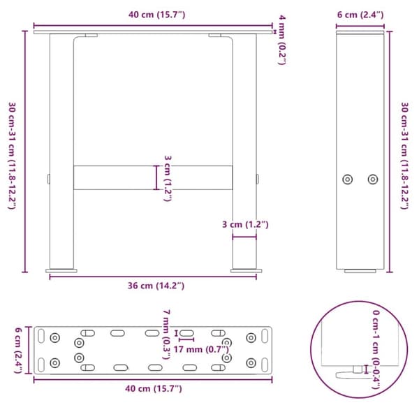 vidaXL Salongbordben naturell 2 stk 40x(30-31) cm stål