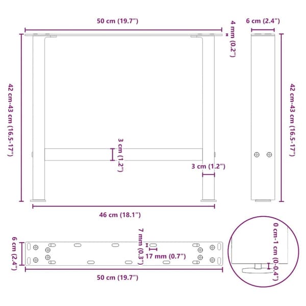 vidaXL Soffbordsben naturstål 2 st 50x(42-43) cm stål