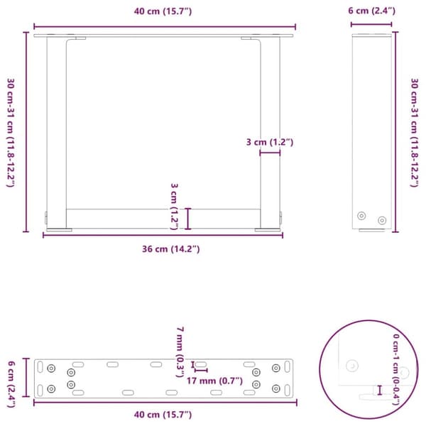vidaXL Soffbordsben U-formade 2 st antracit 40x(30-31) cm stål