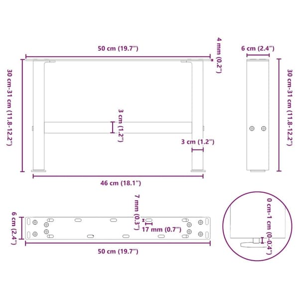 vidaXL Sohvapöydän jalat antrasiitti 2 kpl 50x(30-31) cm teräs