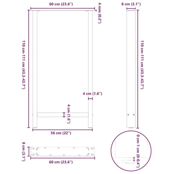 vidaXL sofabordben naturstål 2 stk. 60x(110-111) cm stål