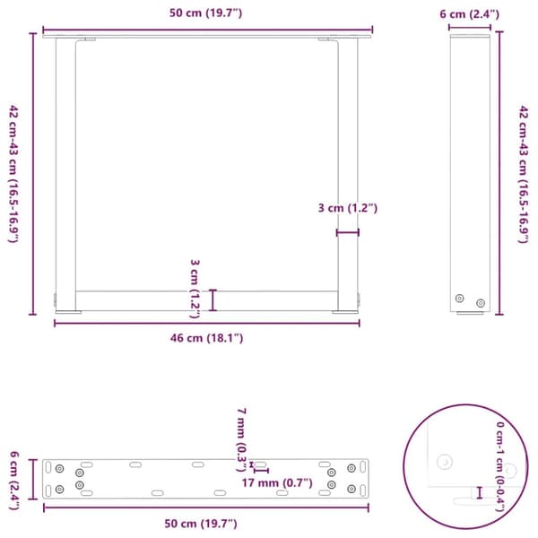 vidaXL Salongbordben U-formet 2 stk naturell 50x(42-43) cm stål