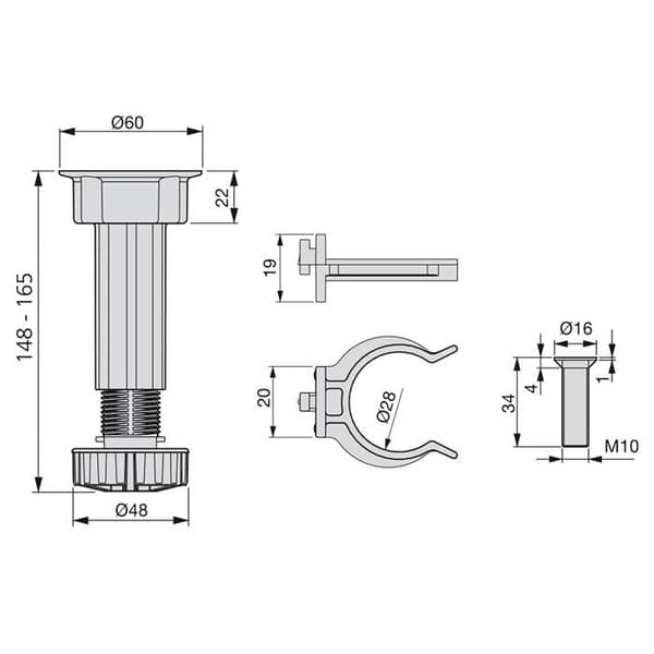 Emuca-paket med 10 benmöbler för utjämning av ben, med förmonterad bas, höjd 150 mm, justerbar 148-165 mm, plast,