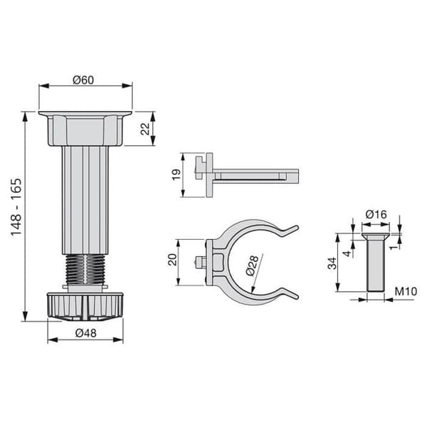 Emuca-paket med 10 benmöbler för utjämning av ben, med förmonterad bas, höjd 150 mm, justerbar 148-165 mm, plast,