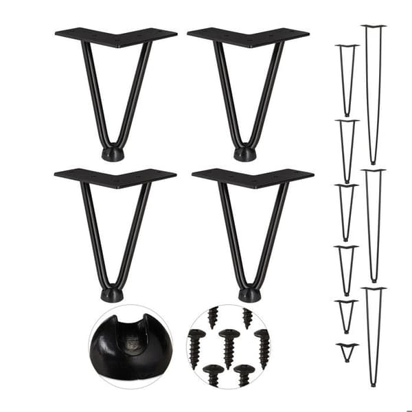Relaxdays Hårnålben, set med 4, 2 distanser, i metall, pallar, bord och skåp, 15 cm h; svart
