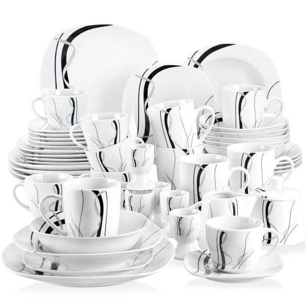 50/100-delt Porcelænssæt, Mikrobølgeovn og Opvaskemaskine Sikker, Sort Linjedesign,50 stk