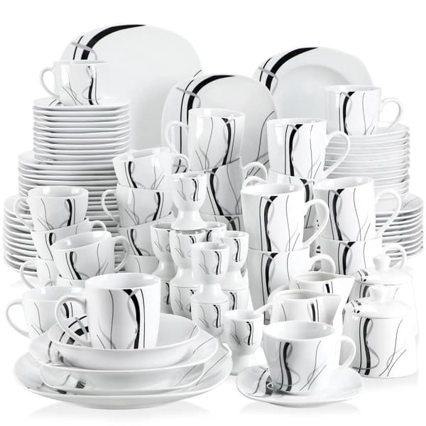 50/100-delt Porcelænssæt, Mikrobølgeovn og Opvaskemaskine Sikker, Sort Linjedesign,50 stk