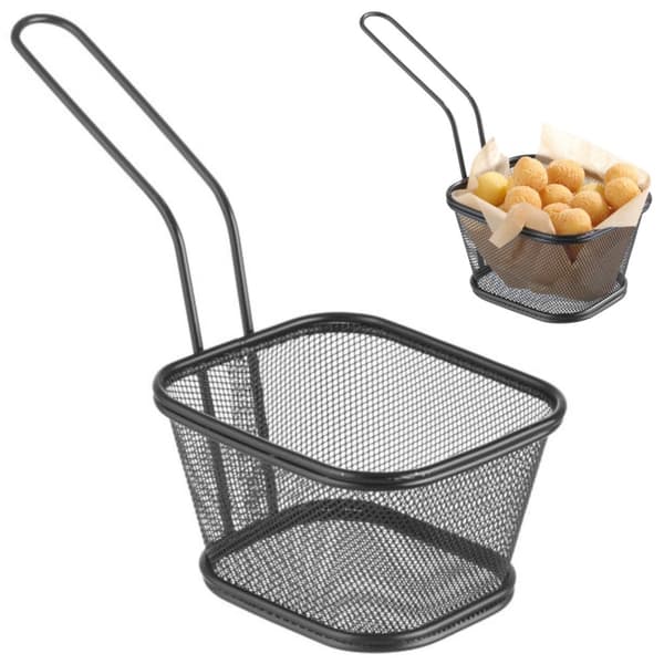 Kurv til servering af stegte pommes frites snacks med håndtag sort 130x115x80 mm - Hendi 425695