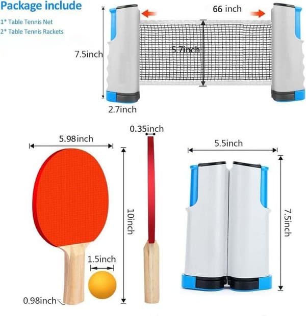 Bordtennisracketset - grå, 2 bordtennisracketar + utfällbart bordtennisnät + 3 bollar