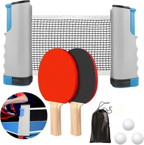 Bordtennisracketset - grå, 2 bordtennisracketar + utfällbart bordtennisnät + 3 bollar