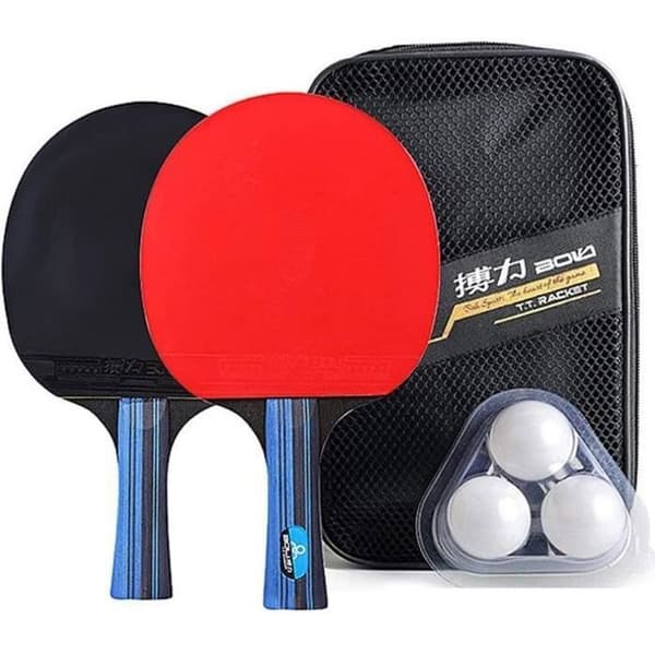 Professionellt pingisracketset, 2 bordtennisracketar + 3 pingisbollar + väska (horisontellt skott / långt handtag)