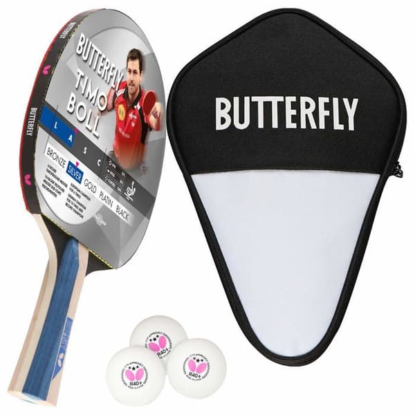 Terfly But Timo Boll Silver Bordtennisracket + Bordtennisväska + 3 ITTF R40 bollar + Bordtennis