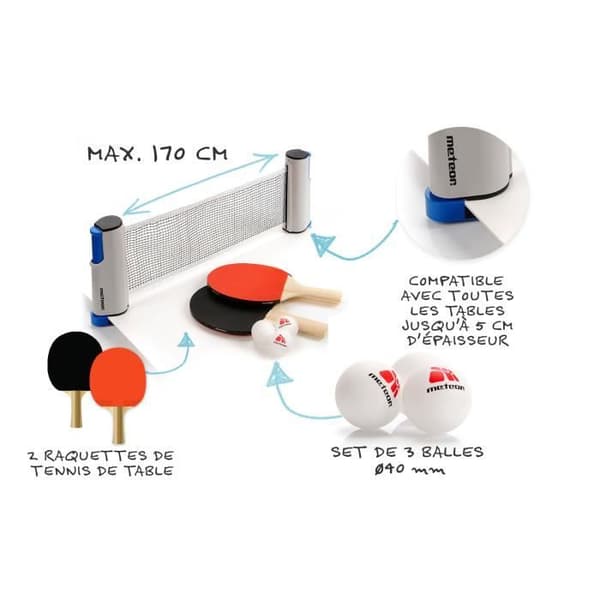 Meteor Bordtennis-set 170 cm Grå Nät Tillbehör Två racketar och tre bollar för amatörer och semi-professionella