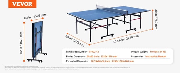 Ping Pong Bord, Let at Folde, Rummelig Spilleområde,12 mm