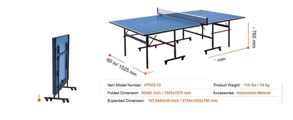 Ping Pong Bord, Let at Folde, Rummelig Spilleområde,12 mm