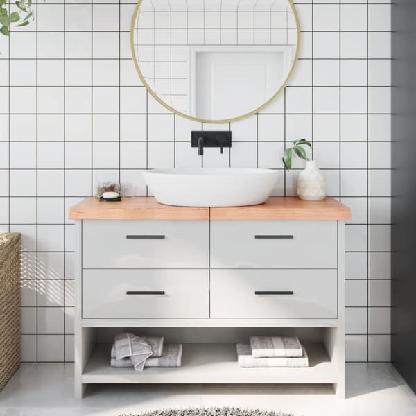 bordplade til badeværelse 120x30x(2-6) cm massivt træ lysebrun