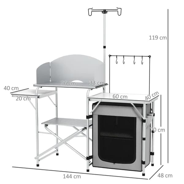 Rootz Camping Kitchen - Ulkokeittiö - UV-suoja - Pöytälevy - 3-puolinen - Kantolaukku - Alumiini - 600d Oxford Kangas - Hopea - 144L x 48W x 119K cm