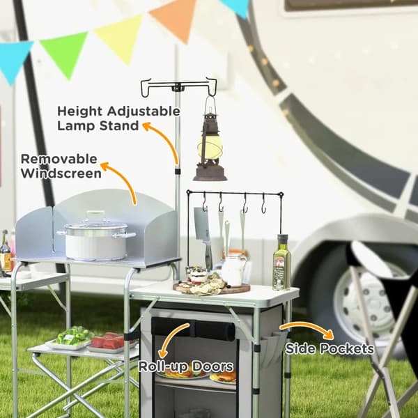 Rootz Camping Kitchen - Ulkokeittiö - UV-suoja - Pöytälevy - 3-puolinen - Kantolaukku - Alumiini - 600d Oxford Kangas - Hopea - 144L x 48W x 119K cm