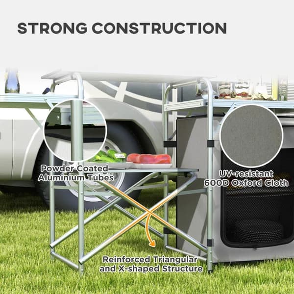 Rootz Camping Kitchen - Ulkokeittiö - UV-suoja - Pöytälevy - 3-puolinen - Kantolaukku - Alumiini - 600d Oxford Kangas - Hopea - 144L x 48W x 119K cm