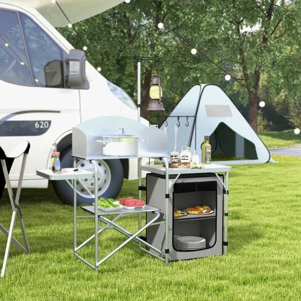 Rootz Camping Kitchen - Ulkokeittiö - UV-suoja - Pöytälevy - 3-puolinen - Kantolaukku - Alumiini - 600d Oxford Kangas - Hopea - 144L x 48W x 119K cm
