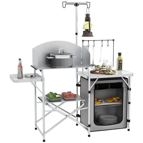 Rootz Camping Kitchen - Ulkokeittiö - UV-suoja - Pöytälevy - 3-puolinen - Kantolaukku - Alumiini - 600d Oxford Kangas - Hopea - 144L x 48W x 119K cm