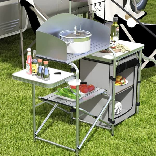 Rootz Camping Kitchen - Ulkokeittiö - UV-suoja - Pöytälevy - 3-puolinen - Kantolaukku - Alumiini - 600d Oxford Kangas - Hopea - 144L x 48W x 119K cm