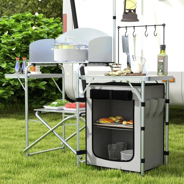 Rootz Camping Kitchen - Ulkokeittiö - UV-suoja - Pöytälevy - 3-puolinen - Kantolaukku - Alumiini - 600d Oxford Kangas - Hopea - 144L x 48W x 119K cm