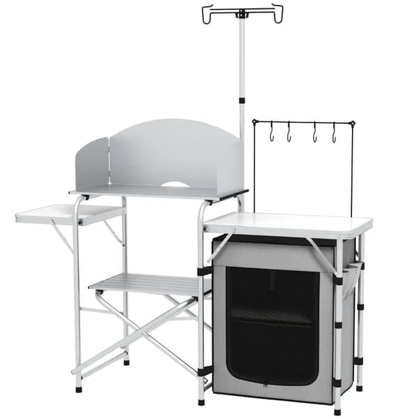 Rootz Camping Kitchen - Ulkokeittiö - UV-suoja - Pöytälevy - 3-puolinen - Kantolaukku - Alumiini - 600d Oxford Kangas - Hopea - 144L x 48W x 119K cm