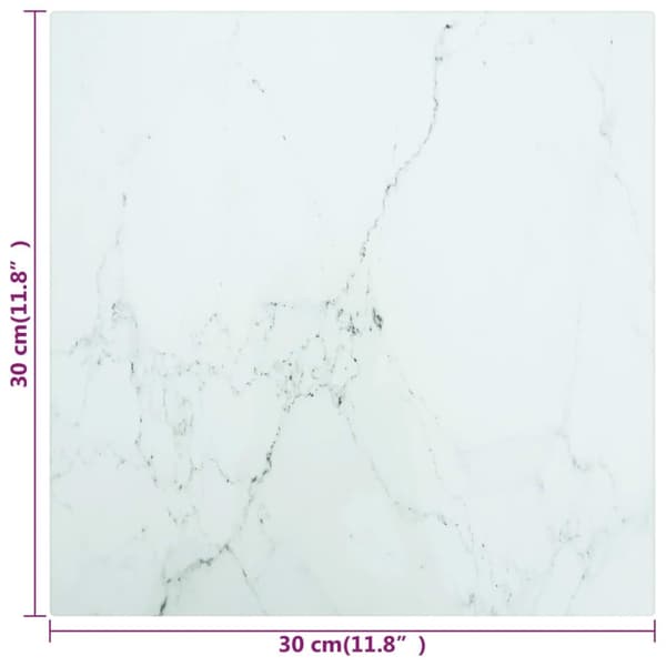 Bordsskiva vit 30x30 cm 6 mm härdat glas med marmortextur