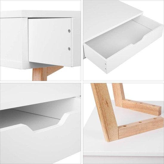 Trädisk - för arbete och studie - Skandinaviskt bord - Arbetsbord med 2 lådor - Sovrum och kontor - MDF & Eikhout Poots - White