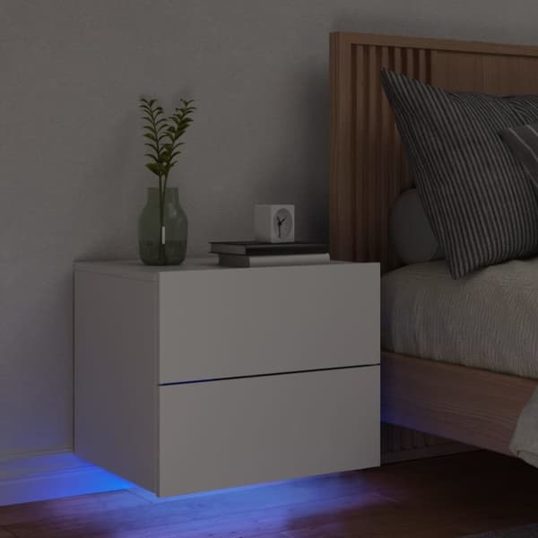 Väggmonterat sängbord med LED-lampor vit