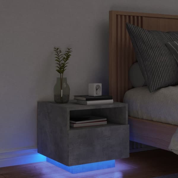 sengebord med LED-lys 40x39x37 cm betongrå