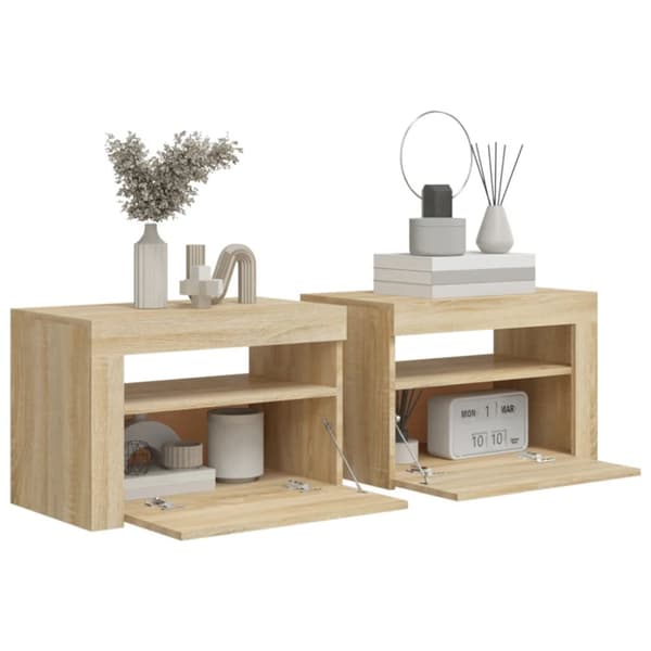sengeborde med LED-lys 2 stk. 60x35x40 cm sonoma-eg