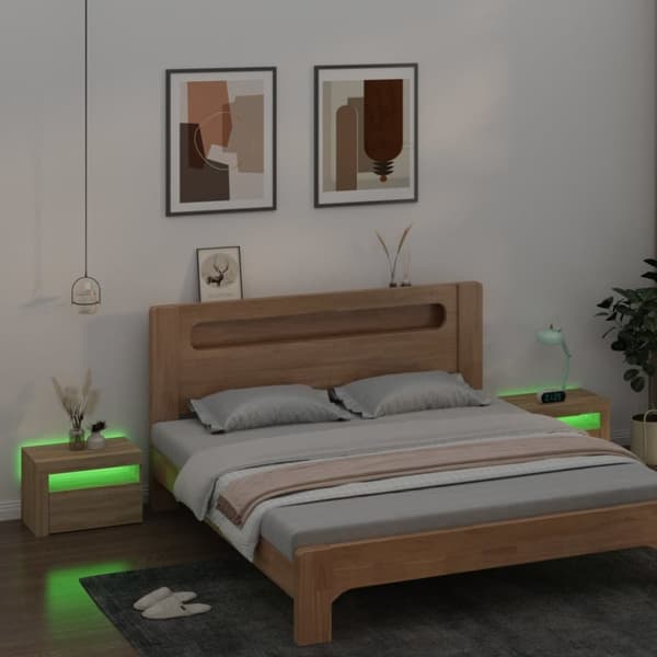 sengeborde med LED-lys 2 stk. 60x35x40 cm sonoma-eg